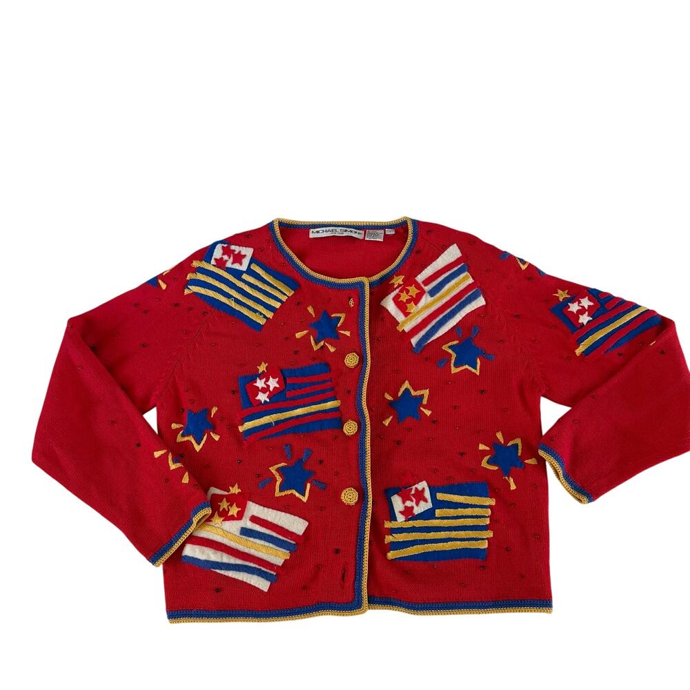 Michael Simon Vtg Patriotic USA Flag Patch Embroidery Bead Cardigan Sz 1 / S /M